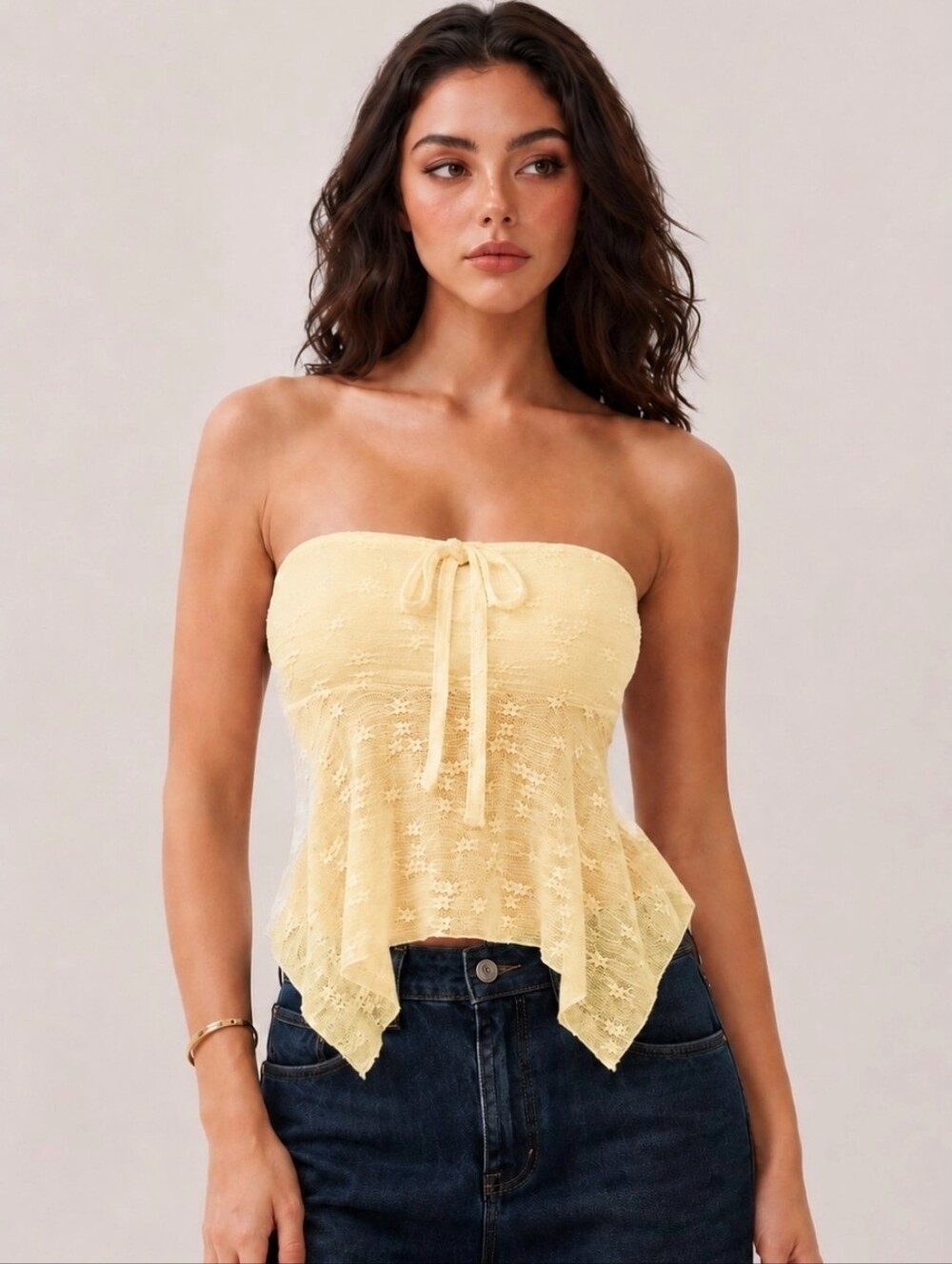 Heart & Hips Strapless Yellow Lace Peplum Camisole